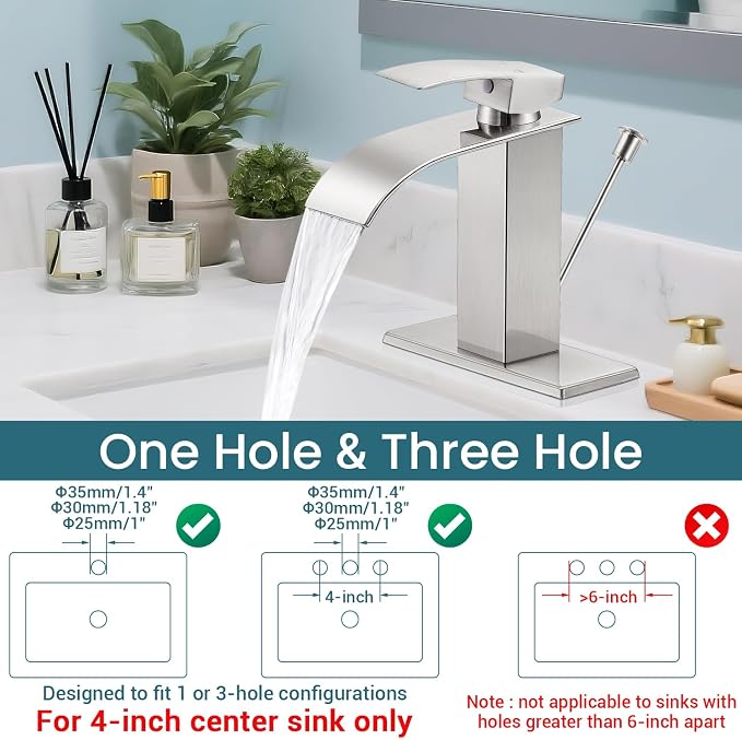 Bathroom Faucets with Lift Rod Drain Brushed Nickel Waterfall Bathroom Sink - Image 3