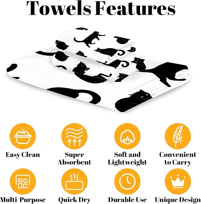 Black Cats 3 Piece Towel Bathroom Sets, 1 Bath Towel, 1 Washcloth, 1 Hand Towel - Image 4
