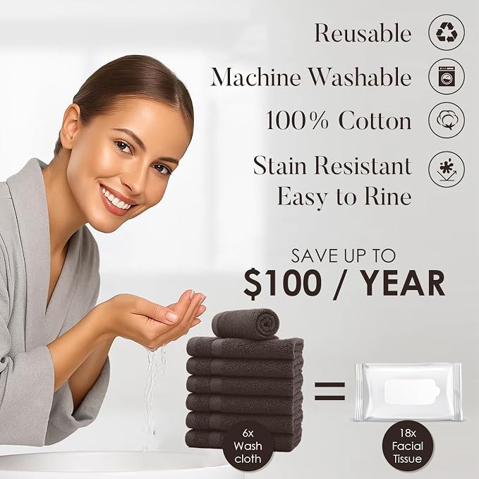 DAN RIVER 12-Pack Premium 100% Cotton Brown Face Towels – Reusable Face Towel - Image 3