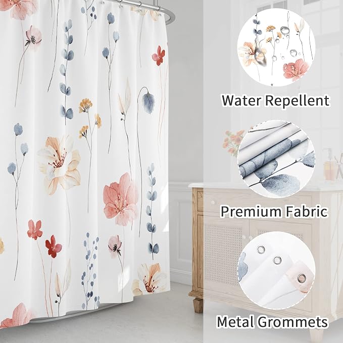 Gibelle Watercolor Floral Shower Curtain, Coral Beige Flower Shower Curtain - Image 3