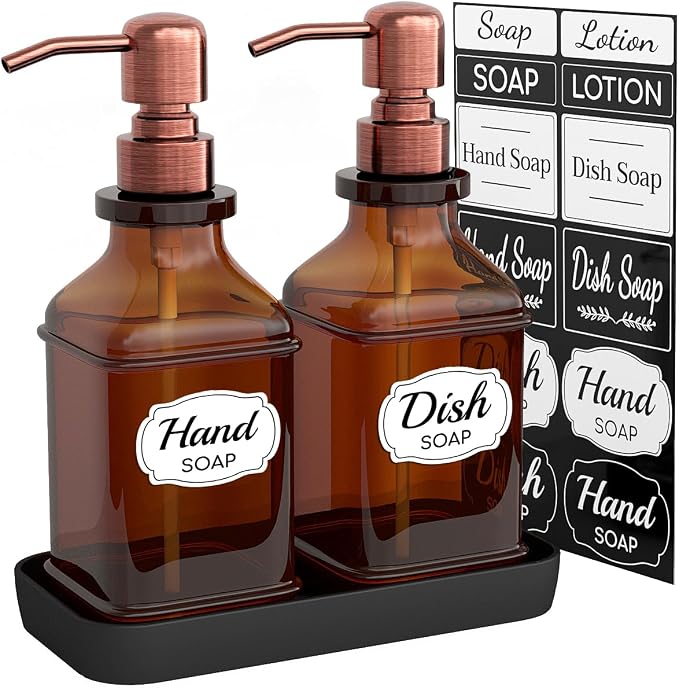 Soap Dispenser - 2 Pack, Antique Design Thick Amber Glass Hand Soap Dispensers by LMQML