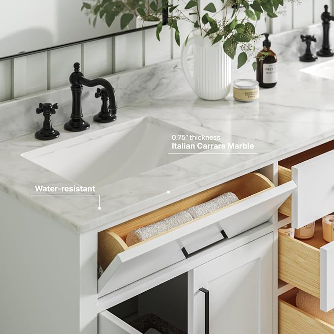 ARIEL Double Bathroom Vanity 73" White, Italian Carrara Marble Countertop & - Image 4