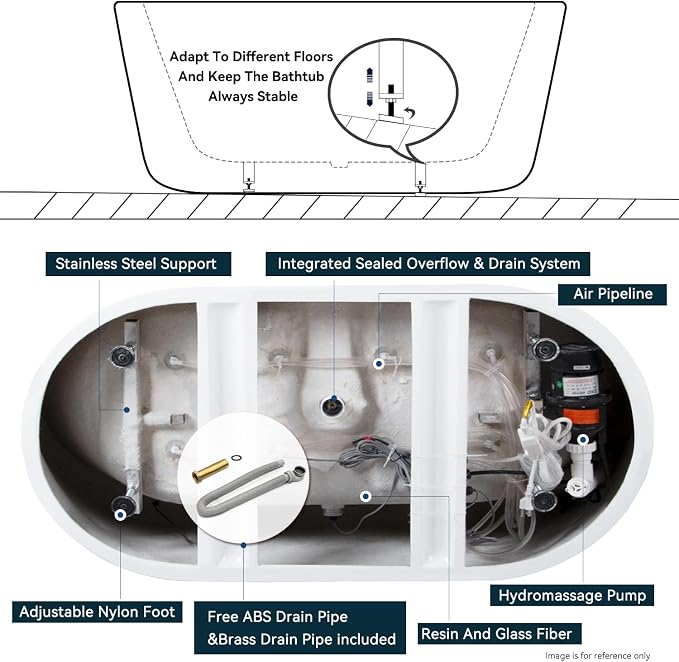 FerdY Mauritius 67 Inch Acrylic Freestanding Whirlpool Bathtub, Oval - Image 6