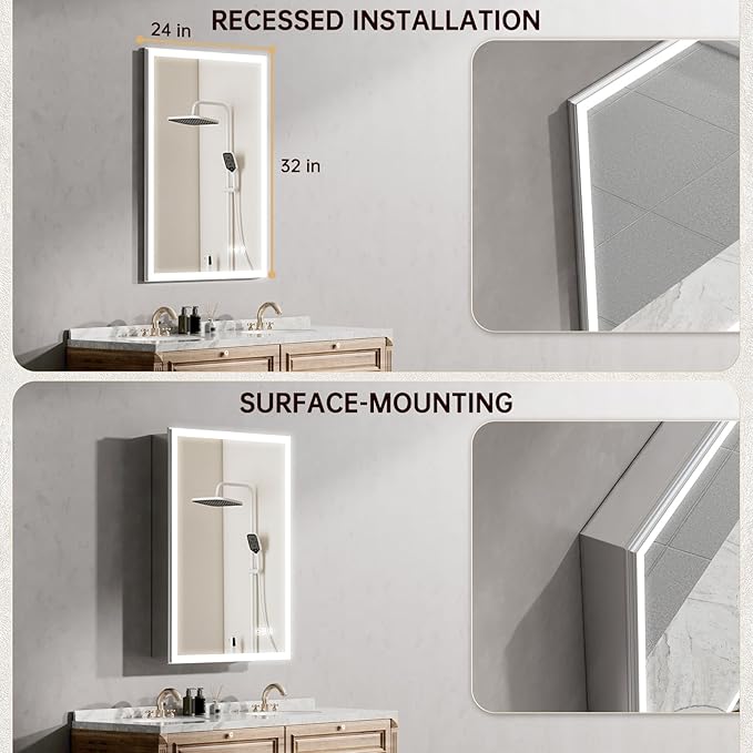 24"x32" Medicine Cabinet Mirror, LED Lighted Medicine Cabinet - Image 6