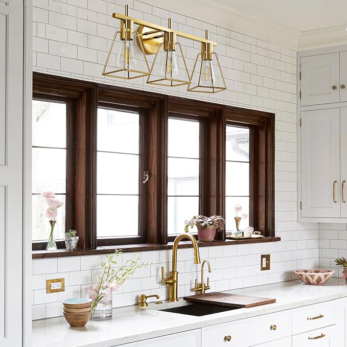 Industrial Bathroom Vanity Lights: 3 Lights Brushed Gold Vintage Metal Cage - Image 7