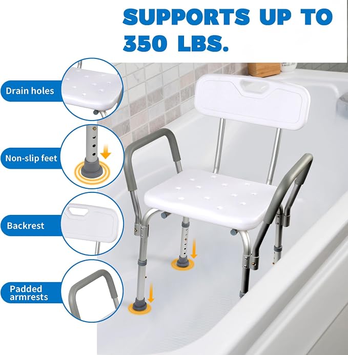 Shower Chair with Back and Padded Arms, Adjustable Height Shower and Bath Bench - Image 6