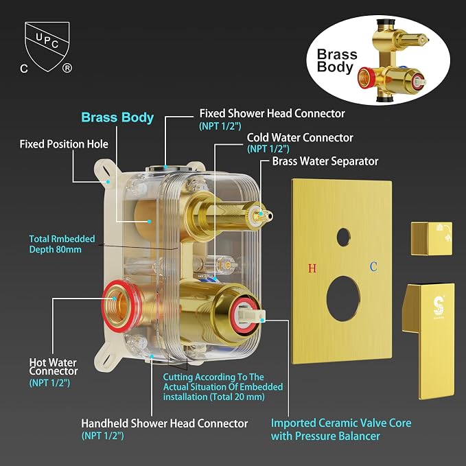 SR SUN RISE 12 Inch Brushed Gold Shower Faucet Set, Wall-Mount Adjustable - Image 4