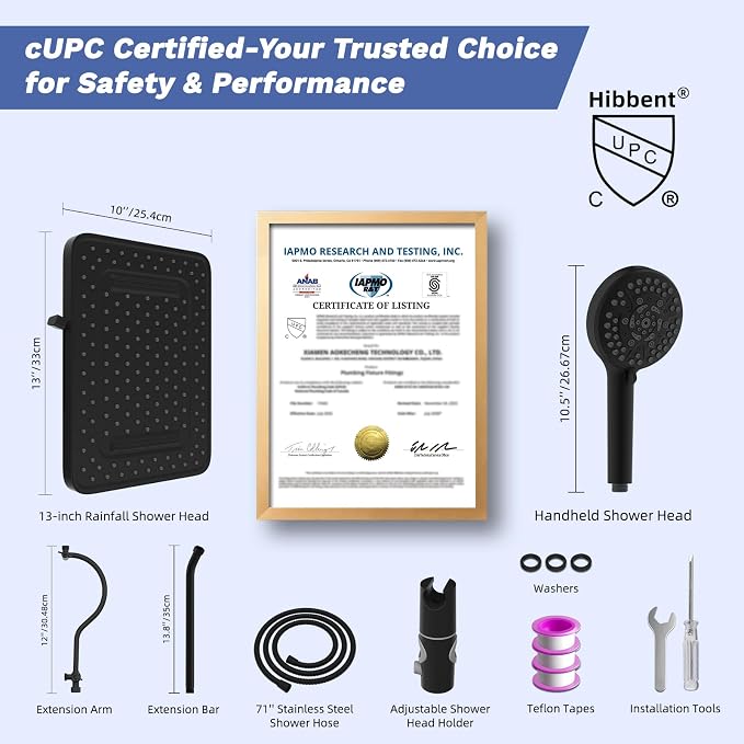 Hibbent Upgraded cUPC Certified 13'' Shower Head Combo, High Pressure 5 Spray - Image 8