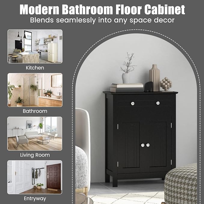 COSTWAY Bathroom Floor Cabinet, Wooden Side Storage Organizer w/Larger Drawer - Image 8