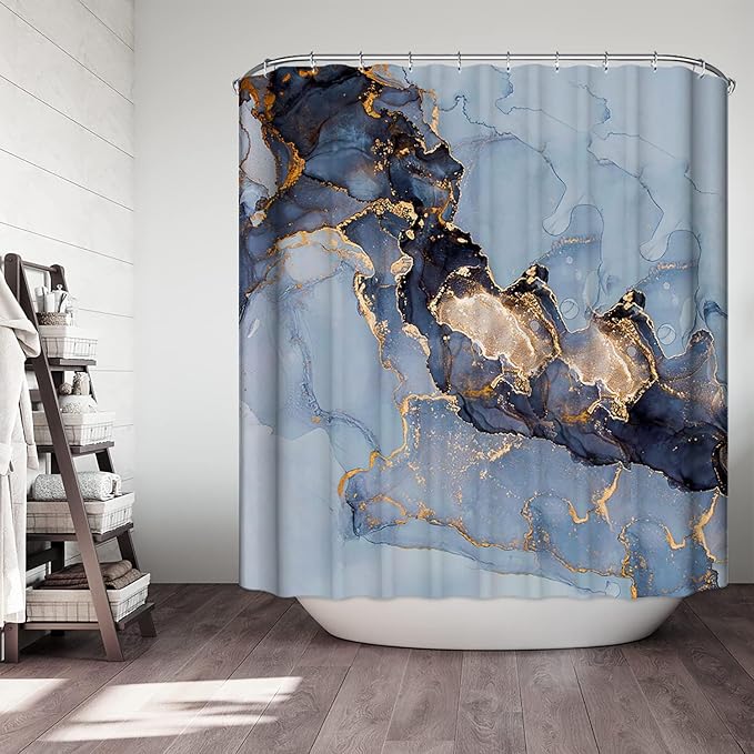 Domoku Blue Marble Shower Curtain 72x72 – Blue and Gold Waterproof Fabric - Image 9