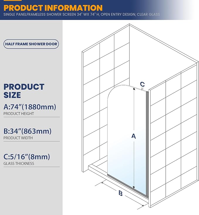Glass Shower Door Screen, Simple Single Panel - Image 2