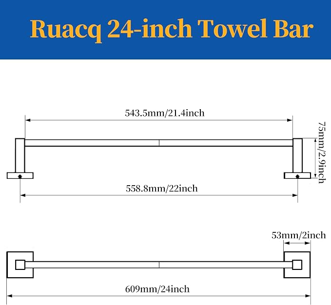 Ruacq Matte Black 21 Inch Single Towel Bar Square Bath Towel Holders Bathroom - Image 2