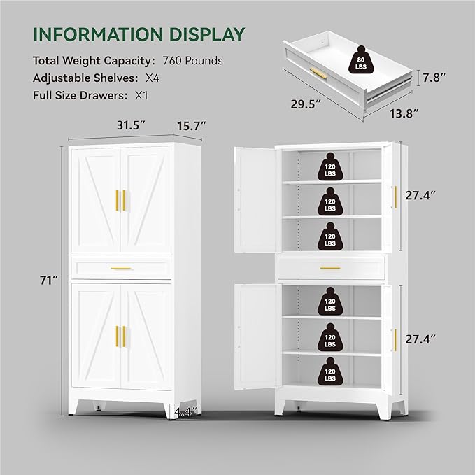 71" Tall Farmhouse Pantry Cabinet, Metal Cabinet - Image 3