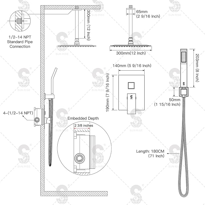 SR SUN RISE 12 Inch Oil Rubbed Bronze Shower System Brass Bathroom Luxury Rain - Image 7