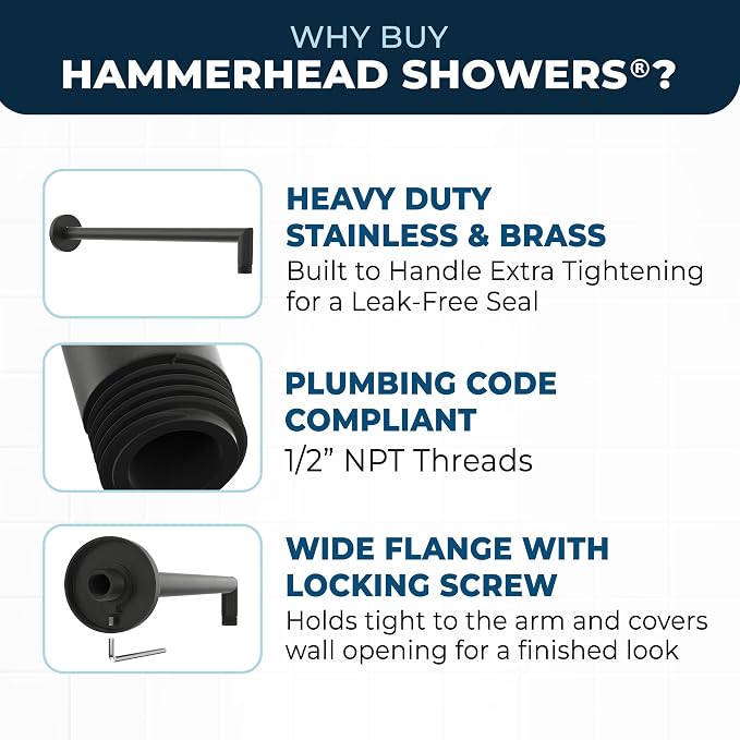 HammerHead Showers® Solid Metal 16 Inch Extended Shower Arm and Flange - Image 3