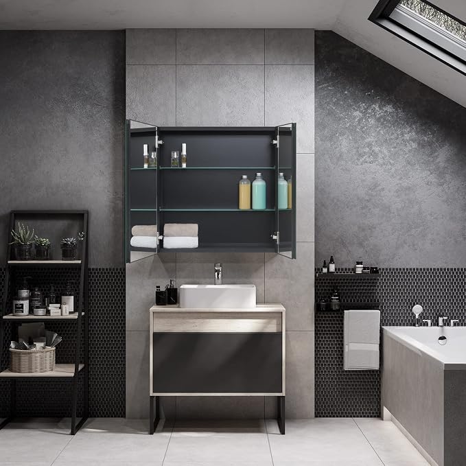 Fundin Black Aluminum Medicine Cabinet 24 x 24 Inch Recessed or Surface Mount - Image 7