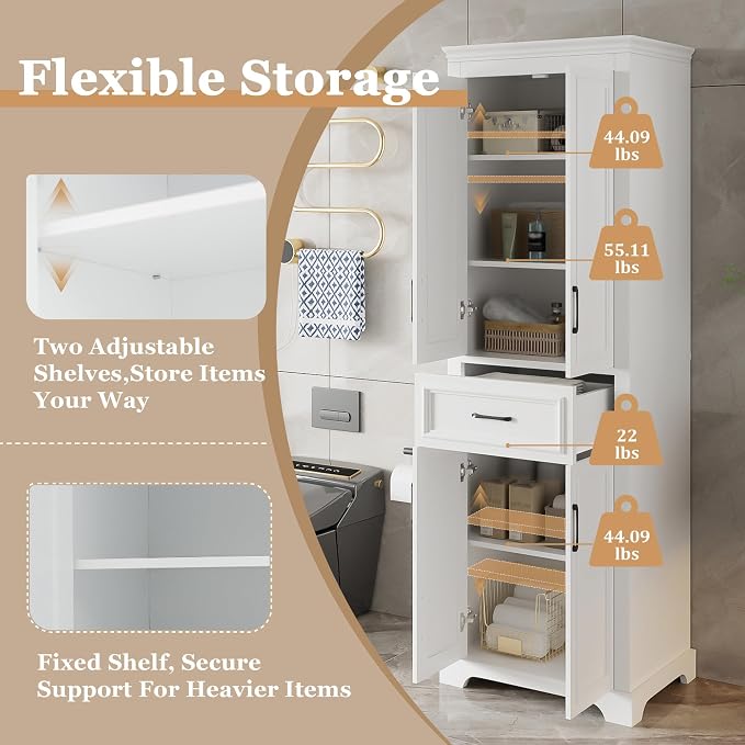71" Tall Storage Cabinet with Doors and Drawers, Modern Wood Freestanding Tall - Image 7