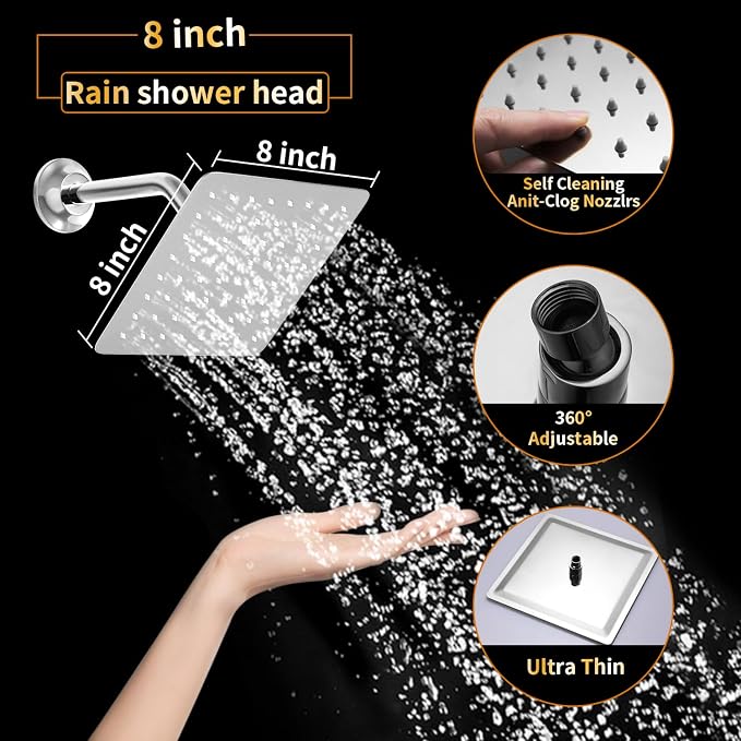 AYIVG Square 304 Stainless Steel 8 Inch Wall Mount Rain Shower head - Image 2
