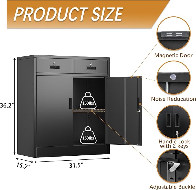 Metal Storage Cabinet with 2 Drawers and Shelves, Adjustable Shelf File Cabinet - Image 3