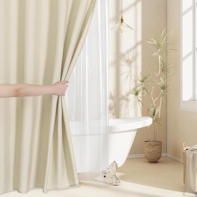 MitoVilla 3 in 1 Shower Curtain Set, Neutral Boho Farmhouse Linen Textured Bath - Image 6