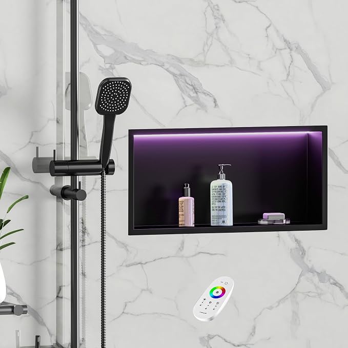 RGB LED Light Shower Niche, Matte Black 24X12 in Stainless Steel Recessed - Image 7