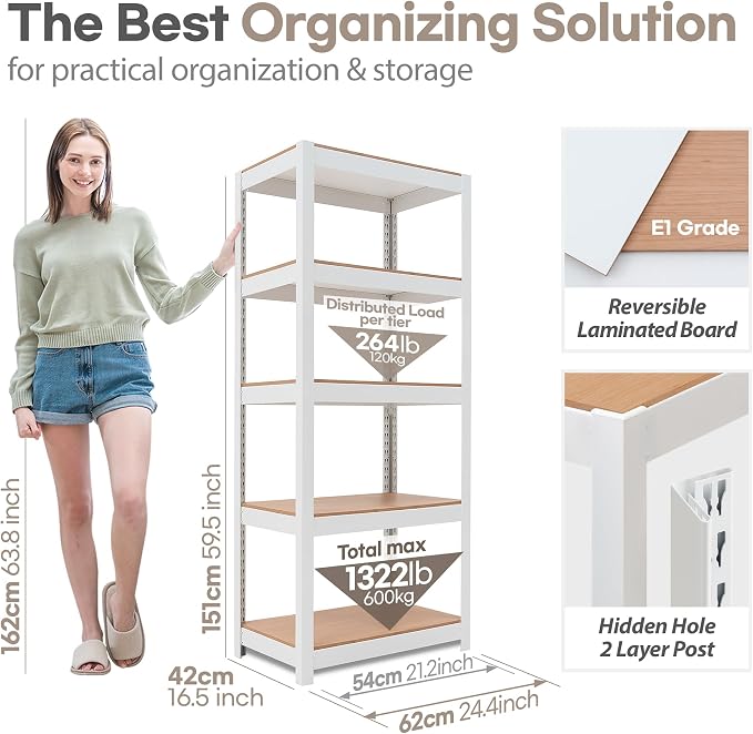 HOMEDANT House 24.4" W 5 Tier Heavy Duty Garage Shelving Adjustable Metal Rack - Image 2