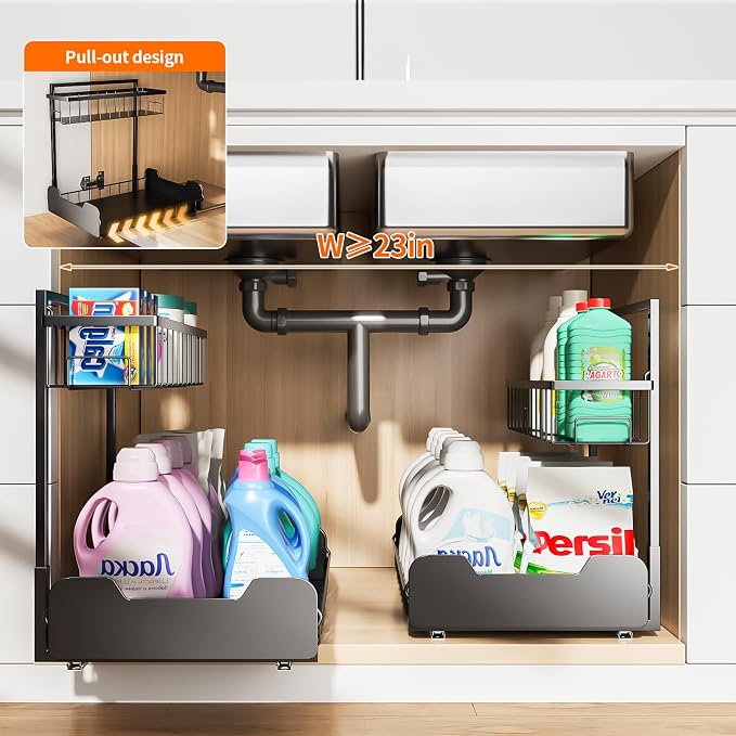 Under Sink Organizer, 2-Tier L-Shaped Pull Out Cabinet Shelf - Image 5