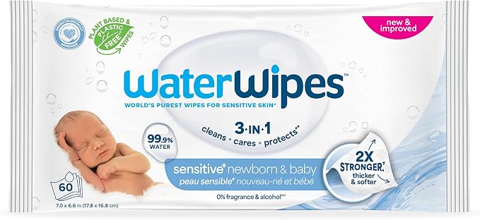 WaterWipes Sensitive+ Newborn & Baby Wipes, 3-In-1 Cleans, 99.9% Water by WaterWipes