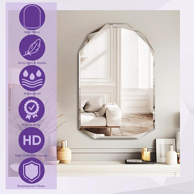 Bathroom Mirror for Wall, Bathroom Vanity Mirrors, Beveled Edge Frameless Wall - Image 3