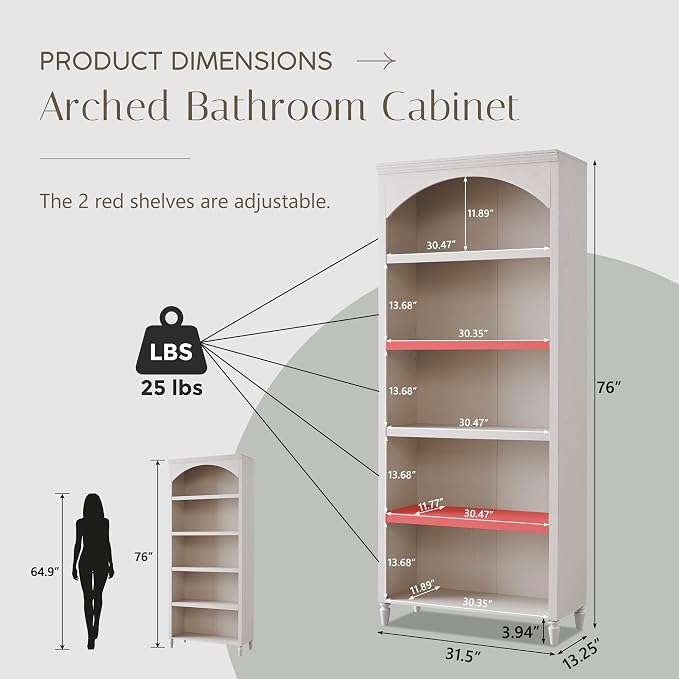 76" Tall Arched Bathroom Storage Cabinet, 5 Tiers Large Farmhouse Arched - Image 2