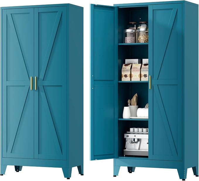 Metal Cabinets with Barn Doors and Adjustable Shelves, 4-Tier Storage Cupboard by YNIQUESTLEMetalCabinet
