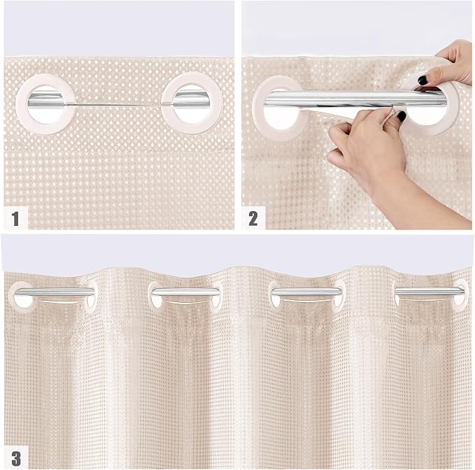 MitoVilla No Hooks Needed Pink Waffle Shower Curtain Liner Set, Modern Waffle - Image 4