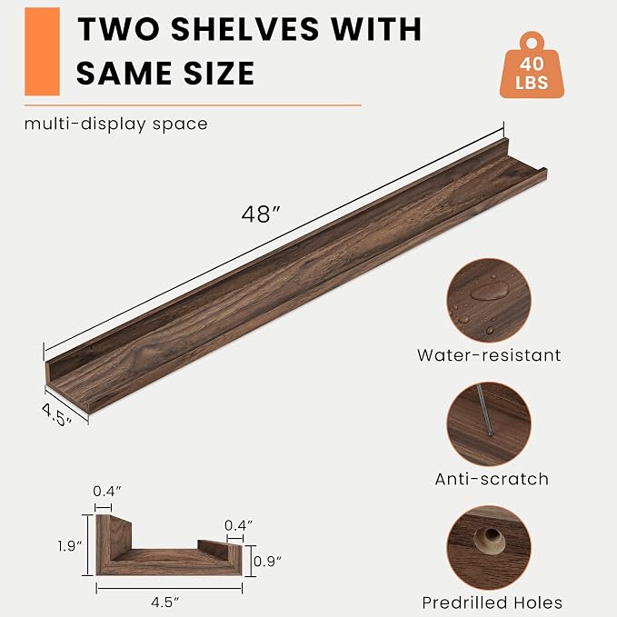 Heimlove Picture Ledge Shelf, Floating Shelves Set of 2, 48 Inches Picture Shelf - Image 3