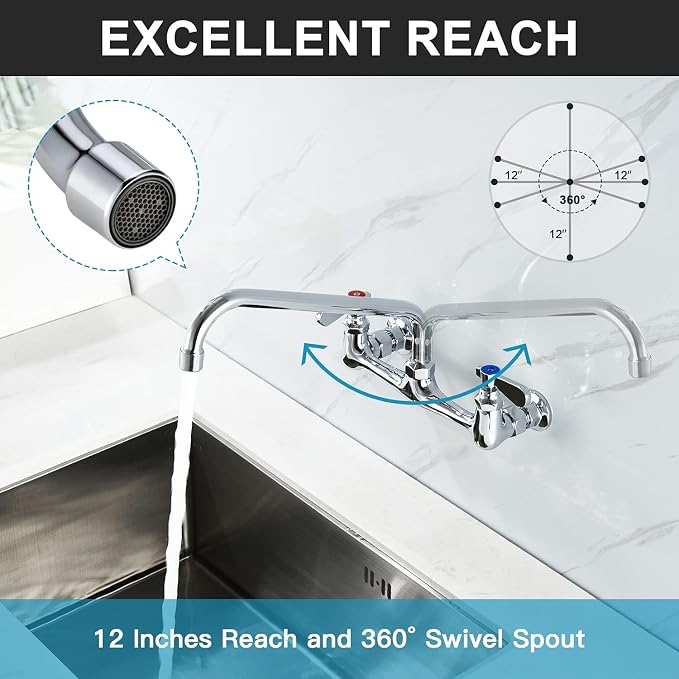 Wall Mount Faucet 8 Inch Center Commercial Kitchen Faucet, 12 Inches Swivel - Image 2