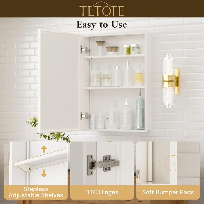 TETOTE White Medicine Cabinet 16" x 24" Bathroom Mirror - Image 8
