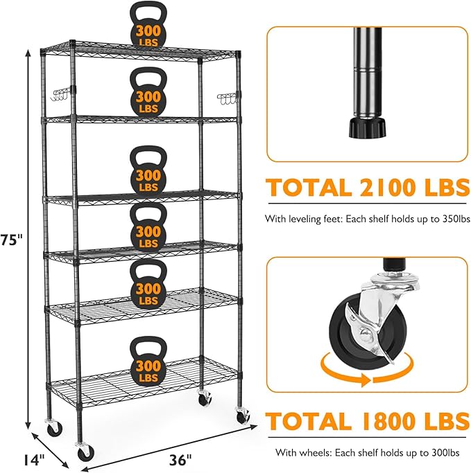 6 Tier Storage Shelves with Wheels, 2100lbs Capacity Heavy Duty Shelving Units - Image 3