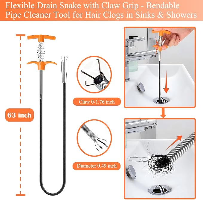 63 In Drain Snake Hair Drain Clog Remover Tool, Sink Drain Cleaner - Image 2