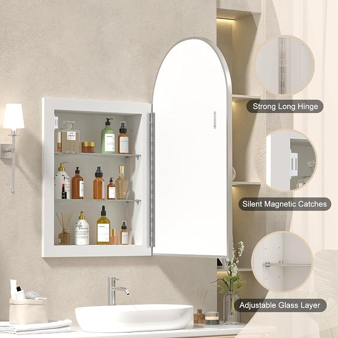 Recessed Medicine Cabinet for Bathroom, Brushed Nickel Arched Medicine Cabinet - Image 3
