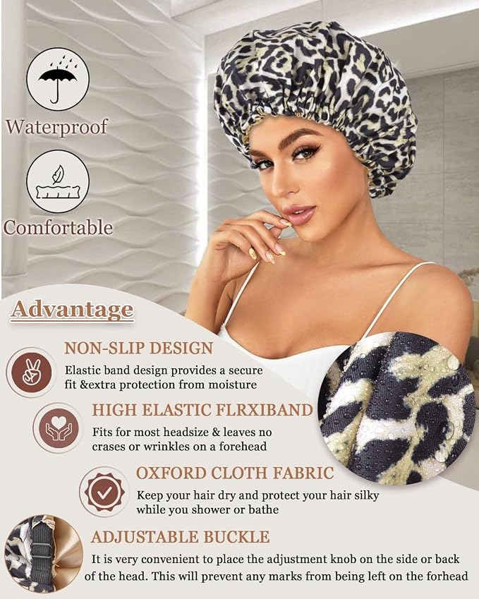 Large Shower Caps for Women Reusable Waterproof Satin Lined Shower Cap - Image 2