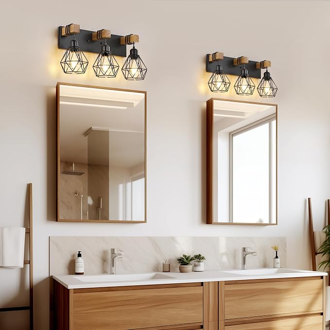 Farmhouse Vanity Light for Bathroom, 3-Light Wood Bathroom Vanity Light - Image 5