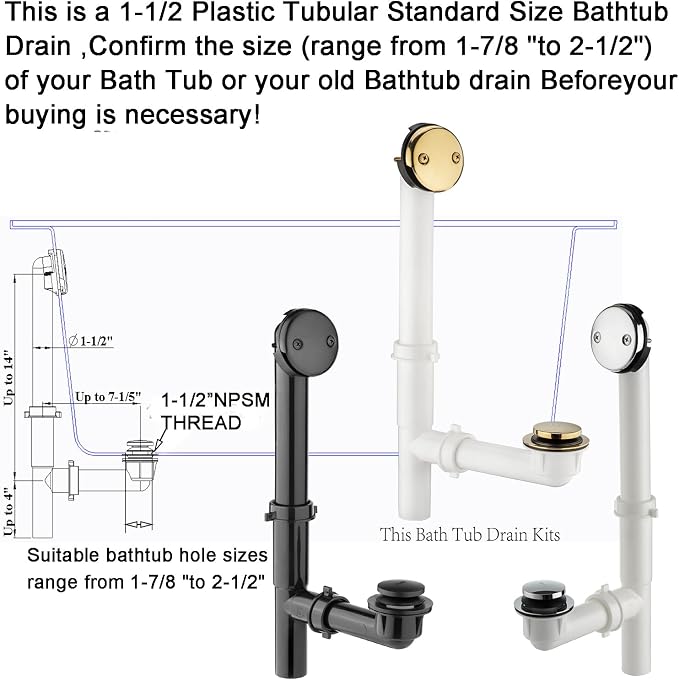 Yariwiz 1-1/2" Golden Bathtub Tub Drain Kit Bath Waste Overflow Drain Tube - Image 6