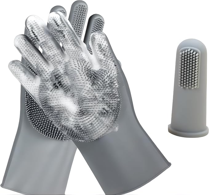 Pet Grooming Gloves with Dog Finger Toothbrush – Silicone Deshedding Mitts by Unknown