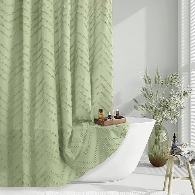 Green Shower Curtain 78 Inches Long Boho Shower Curtain Chic Tufted Chevron by TURKIO