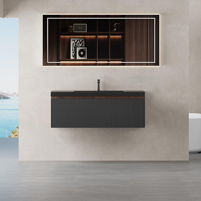 42'' Modern Floating Bathroom Vanity Sink Combo, Wall-Mounted Striped Cabinet - Image 9