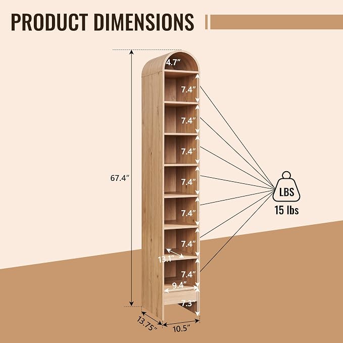 67" Tall Arched Bathroom Storage Cabinet, 8-Tier Modern Farmhouse Storage - Image 2