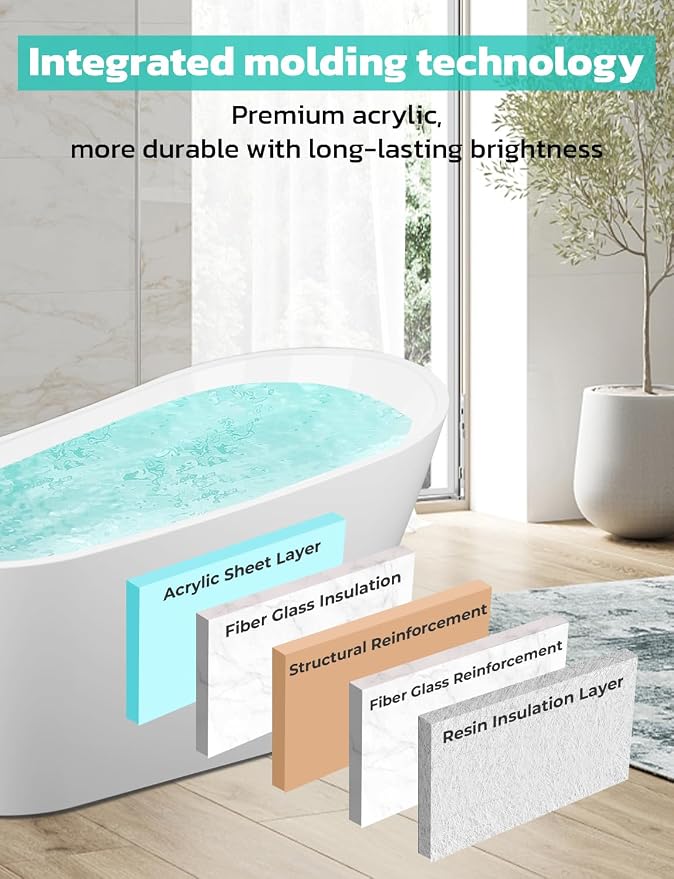 55 Inch Acrylic Freestanding Bathtub, Glossy White Contemporary Soaking Tub - Image 3
