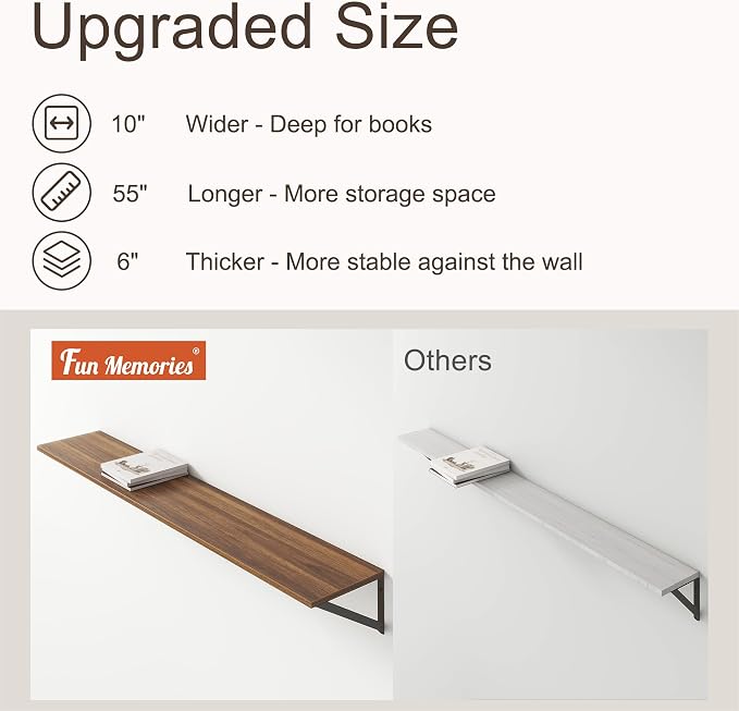Floating Shelves 55 Inch Long, Walnut Wall Shelves 55 x 10, Wide Large Display - Image 4