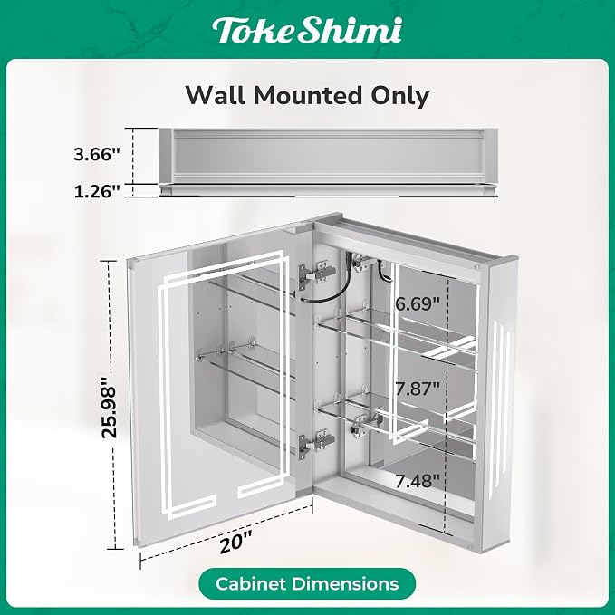 TokeShimi Lighted Medicine Cabinet 20x26, 3 Color Tempered LED Medicine Cabinet - Image 2