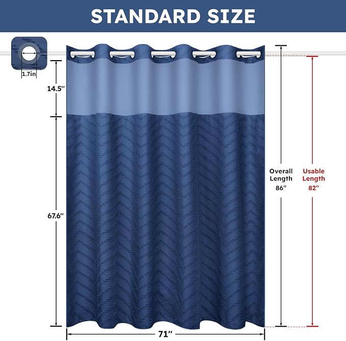 No Hook Shower Curtain and Snap in Liner Set Navy Blue Tufted Chevron Striped - Image 5