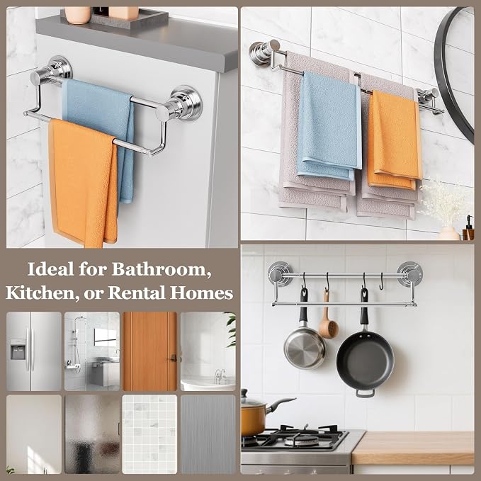 Suction Cup Double Towel Bar Adjustable 13"-25", Bath Sheet Rack Stainless Steel - Image 4